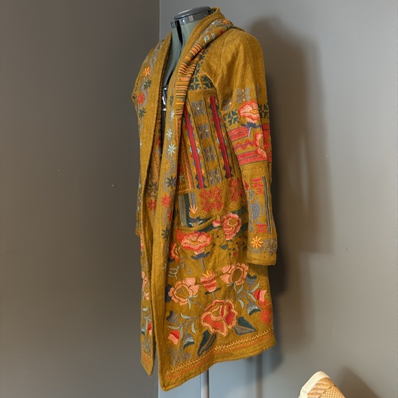 Johnny Was Biya S Heavily Embroidered Mustard Long Floral Knit Hoodie Cotton Mix - Picture 2 of 13